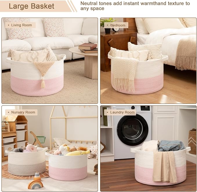 OIAHOMY 90L XXXLarge Blanket Basket for Living Room, 21.7" x 13.8" Woven Cotton Rope Laundry Basket for Organizing Pillows, Decorative Stuffed Animal Toy Storage for Nursery, White and Pink