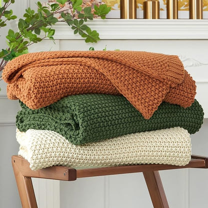 Longhui bedding Chunky Cable Knit Throw Blanket Lightweight Olive Green 100% Organic Cotton Blanket for Sofa Couch Bed Baby Nursery, Rustic Shabby Chic Modern Farmhouse, 60” x 80” Give Laundering Bag
