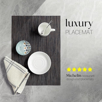 LEXMORE PlaceMats Set of 12 Vinyl/Plastic Woven Place Mats for Kitchen Table Indoor/Outdoor Washable PlaceMat Wipeable Dining Table Mats(Black/Brown)