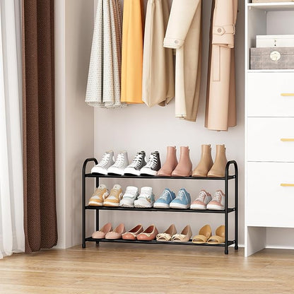Expandable Shoe Rack for Closet, 18"-32" Metal Shoe Rack for Entryway 3-Tier Adjustable Width Free Standing Shoe Shelf 12 Pairs Small Shoe Organizer for Front Door Garage Bedroom Dorm, Black