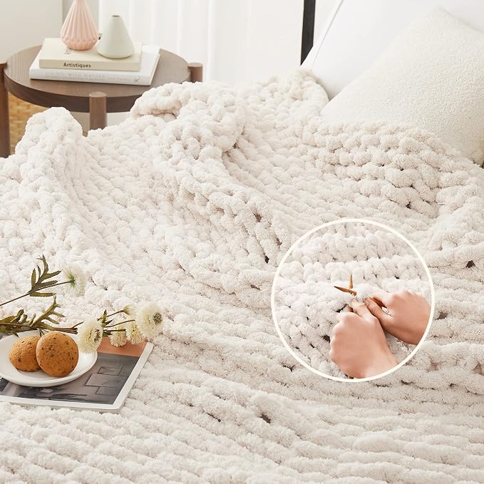 L'AGRATY Chunky Knit Blanket Throw: 80''x90'' Chenille Chunky Knitted Throw Blanket for Bed Couch - Handmade Thick Big Cable Knit Blanket - Large Crochet Rope Blankets for Home Decor(Ivory)
