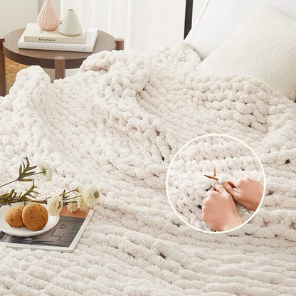 L'AGRATY Chunky Knit Blanket Throw,Soft Chenille Yarn Throw Blanket 50x60，Handmade Cable Knit Crochet Blanket,Large Knit Blankets Chunky Yarn,Rope Knot Throw Blanket for Couch Sofa Bed Home Decor