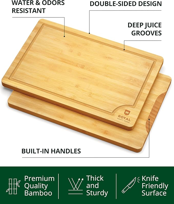 ROYAL CRAFT WOOD Wooden Cutting Boards for Kitchen Meal Prep & Serving - Bamboo Wood Serving Board Set with Deep Juice Groove Side Handles - Charcuterie & Chopping Butcher Block for Meat