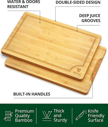 ROYAL CRAFT WOOD Wooden Cutting Boards for Kitchen Meal Prep & Serving - Bamboo Wood Serving Board Set with Deep Juice Groove Side Handles - Charcuterie & Chopping Butcher Block for Meat