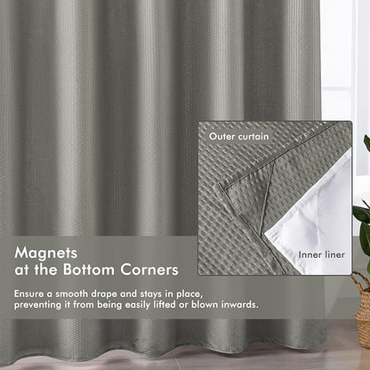Mrs Awesome No Hook Shower Curtain with Snap-in LinerLess Time On/Off, Embossed Waffle-Look Textured Fabric Shower Curtain for Bathroom, Soft & Lightweight, 71x74, Gray