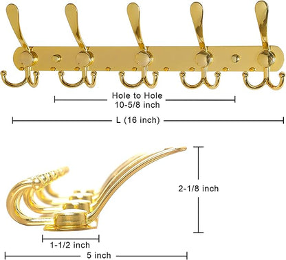 Dseap Coat Rack Wall Mounted - 5 Tri Hooks, Heavy Duty, Stainless Steel, Metal Coat Hook Rail for Coat Hat Towel Purse Robes Mudroom Bathroom Entryway,Gold