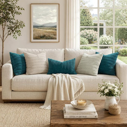 MIULEE Pack of 2 Corduroy Decorative Throw Pillow Covers 20x20 Inch Soft Boho Striped Pillow Covers Modern Farmhouse Home Decor for Summer Coastal Sofa Living Room Couch Bed Teal
