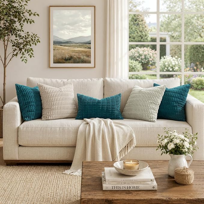 MIULEE Pack of 2 Corduroy Decorative Throw Pillow Covers 18x18 Inch Soft Boho Striped Pillow Covers Modern Farmhouse Home Decor for Summer Coastal Sofa Living Room Couch Bed Teal