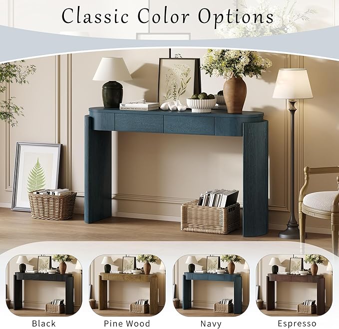 Entryway Table with Natural Wood Grain Finish, Console Table with Fluted Design, Oval Top and 2 Drawers for Entryway and Living Room (Navy)