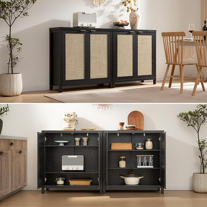 SICOTAS Sideboard Buffet Storage Cabinet - Boho Rattan Credenza Coffee Bar Cabinet with Large Storage, Farmhouse Console Buffet Table for Kitchen Living Room Entryway - 2 Black Pieces