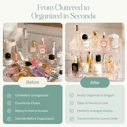 Perfume Organizer for Vanity, Premium Clear Acrylic Makeup Organizer Countertop with Non-Slip Trays, Easy 30-Second Assembly, Holds 12–16 Bottles for Bathroom & Dresser (Crystal Clear)