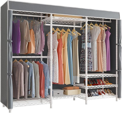 VIPEK V5C Portable Bedroom Armoires Wardrobe Closet with Cover, Heavy Duty Adjustable Clothing Rack, White Metal with Grey Oxford Fabric, 68.9" Lx15.7 Wx76.4 H