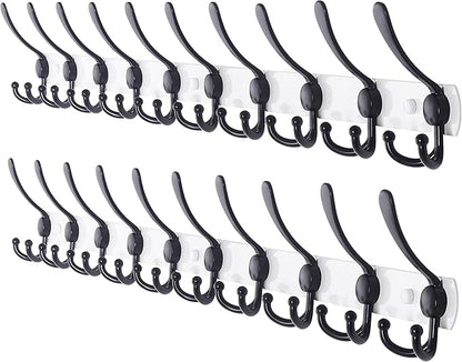 Dseap Coat Rack Wall Mount - 38” Long 10-Tri-Hooks Heavy Duty Coat Hanger Rail Wall Hooks for Hanging Coats Hats Clothing Clothes Purse Mudroom Entryway, White/Black, Pack of 2