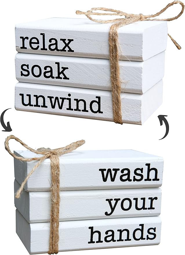 Farmhouse Mini Bookstack for Bathroom Decor Wooden Books for Restroom Shelf Decorative Accent for Guest Bathroom Sign, 2 Signs in 1 Reversible - Wash Your Hands/Relax Soak Unwind