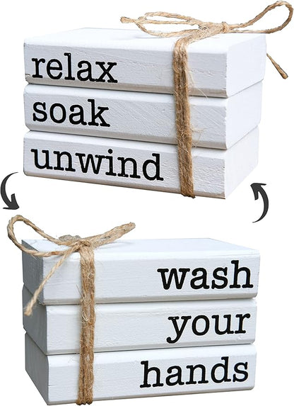 Farmhouse Mini Bookstack for Bathroom Decor Wooden Books for Restroom Shelf Decorative Accent for Guest Bathroom Sign, 2 Signs in 1 Reversible - Wash Your Hands/Relax Soak Unwind
