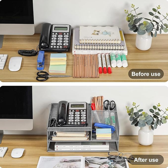 Phone Stand for Desk with 2 Pen Holder, Metal Mesh Desk Organizer with Telephone Holder, 3 Tier Office Storage Desktop Organizer for Workspace, Home, School, Silver