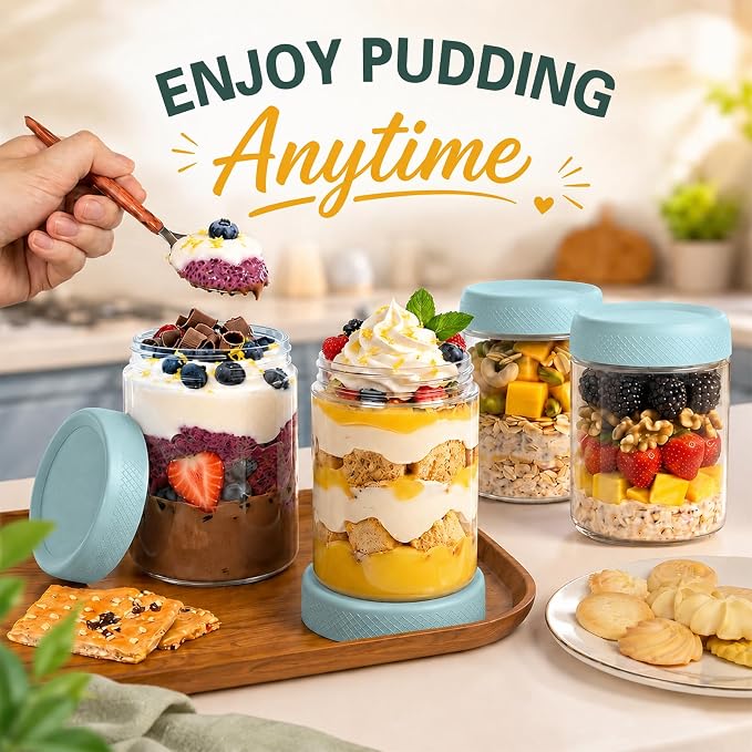 16 oz Mason Jars, 6 Pack Overnight Oats Containers with Lids for Yogurt, Parfait Cup With Lids for Breakfast, Clear Glass Jars Round for Storage, Sugar, Prep Meal, Food, Pudding, Home, Blue