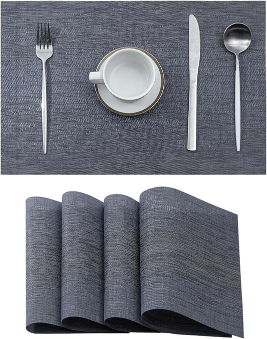 Leetaltree Denim Blue Placemats Set of 4 - Heat Resistant Non-Slip Place mats for Dining Table, Washable Durable PVC Vinyl Woven Table Mats（Denim Blue, 4）