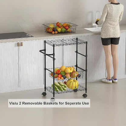 LinTimes 4 Tier Rolling Cart, 110 LB Capacity, Locking Casters & Handle Bar, Wire Storage Rack for Kitchen, Restaurant, Garage, Black