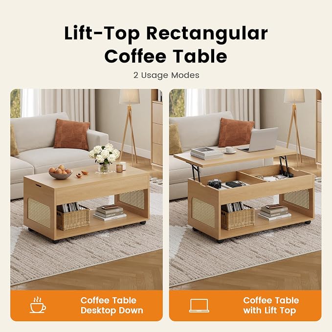 Sikaic Lift Top Coffee Table with Storage, Boho Rattan Convertible Coffee Tables with Lockable Wheels, Hidden Compartment and Open Shelf, Center Table for Living Room, Bedroom, Dining Room, Natural