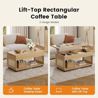 Sikaic Lift Top Coffee Table with Storage, Boho Rattan Convertible Coffee Tables with Lockable Wheels, Hidden Compartment and Open Shelf, Center Table for Living Room, Bedroom, Dining Room, Natural