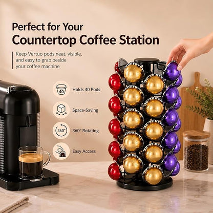 BLACKSMITH FAMILY Coffee Pods Holder Organizer, 360 Degrees Revolving Pod Carousel Compatible for 40 Nespresso Vertuo Pods No Assembly Required Nespresso Pods Holder Tower Stand,Black (Piano Black, 40 pods capability)