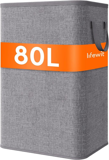 Lifewit 80L Large Tall Laundry Hamper, Collapsible Laundry Basket with Handles, Foldable Clothes Hampers for Laundry, Portable Dirty Clothes Hamper for Dorm College Bedroom Bathroom, Light Gray