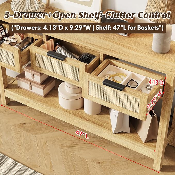 Rattan Entryway Table with 4-Port Charging Station (2 AC Outlets + USB/USB-C), 3 Drawers Storage & Open Shelf, Behind Couch Console Sofa Table for Hallway, Foyer - Natural Weave & Oak, 47 Inch