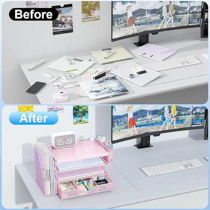 gianotter Wood Desk Organizers and Accessories with File Holder, 4-Tier Desk Accessories & Workspace Organizers with Drawer and 2 Pen Holder, Desk Reference Organizer (Pink, 4T with Metal Drawer)