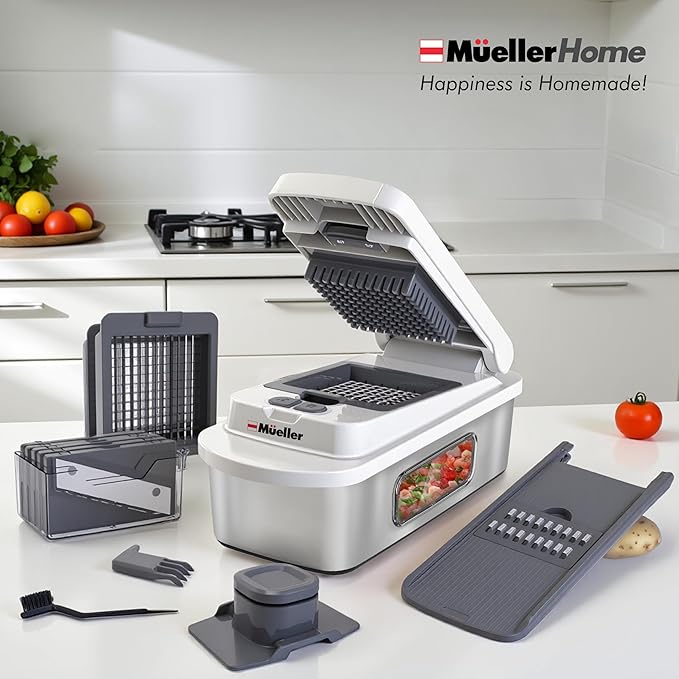MUELLER HOME Pro-Series 10-in-1, 8 Blade Stainless Steel Multi Vegetable Chopper And Mandoline Slicer, Kitchen Accessories and Essentials, Food and Veggie Chopper, Mincer, Dicer, White Sand/Grey