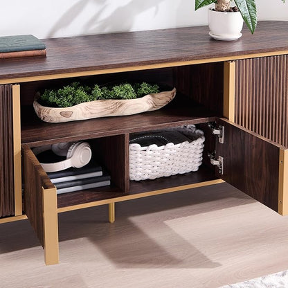 OKD 70" Fluted TV Stand with Storage, Faux Marble Top Entertainment Center for TVs Up to 80", Modern Curved Edge Media Console Cabinet for Living Room, Dark Walnut