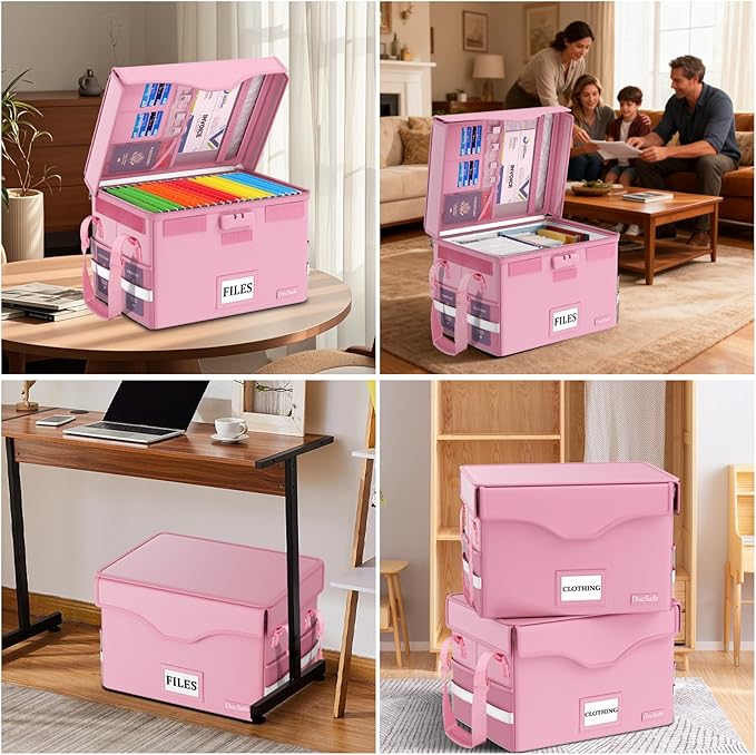 DocSafe 5200°F Fireproof Document Box with Lock,Heat Insulated File Organizer Storage with Pockets,Collapsible Portable Home Office File Safe Box with Handle for Hanging Letter/Legal Folders, Pink