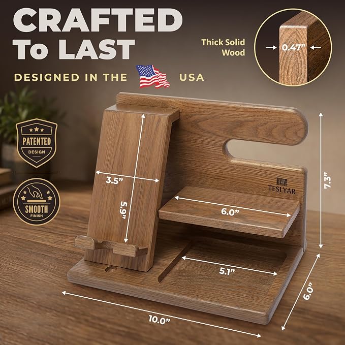 TESLYAR Wood Phone Docking Station for Men - Desktop or Nightstand Organizer - Birthday Gifts for Men, Dad - Anniversary Idea from Wife - Key Holder, Stand Wallet, Watch & Essentials (Earth Beige)