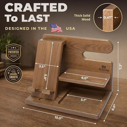 TESLYAR Wood Phone Docking Station for Men - Desktop or Nightstand Organizer - Birthday Gifts for Men, Dad - Anniversary Idea from Wife - Key Holder, Stand Wallet, Watch & Essentials (Earth Beige)