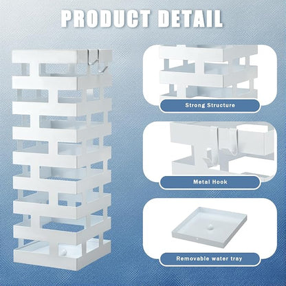 Tudomro Umbrella Stands for Entryway Large Metal Umbrella Holder 6.3 x 5.5 x 16.5 Inches with Removable Water Tray and Hooks Decor Freestanding Rectangular Storage Hollow Rack for Home Office (White)