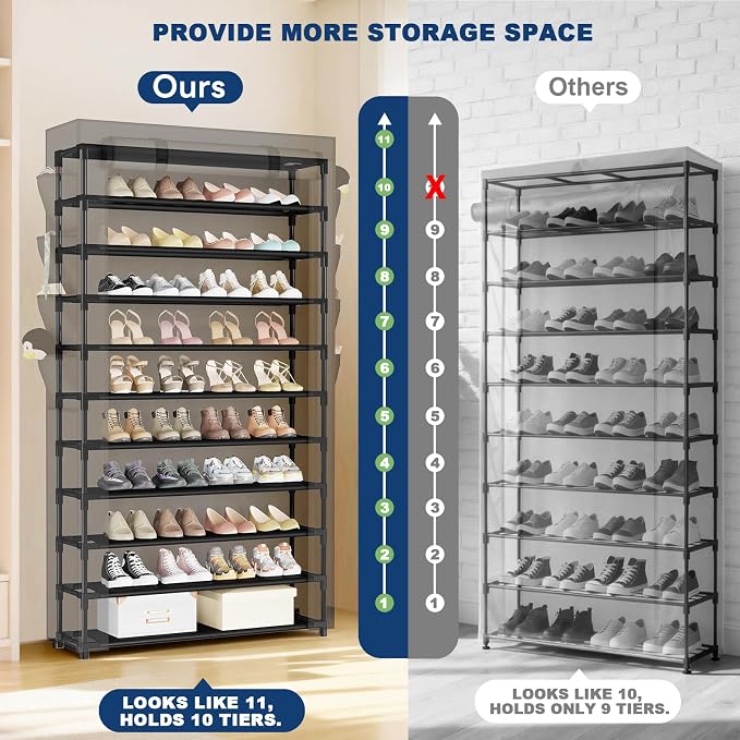 Mavivegue Shoe Rack with Cover, 10+1 Tier Tall Shoe Storage for 50-55 Pairs of Shoes, Shoe Organizer for Entryway, Closet