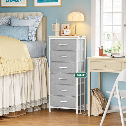 Huuger Tall Dresser for Bedroom, Stable 6 Drawer Dresser with Anti-Tip Device, PU Leather & Fabric Drawers, Tall Nightstand for Closet, Nursery, Storage Tower for College Dorm High Beds, Grey