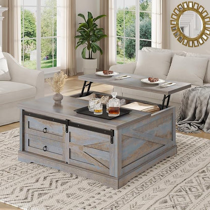 Itaar 39.4'' Lift Top Coffee Table with Storage, Farmhouse Coffee Tables for Living Room, Square Coffee Table with Large Hodden Compartment & 2 Drawrs & Adjustables Shelves (Blue)