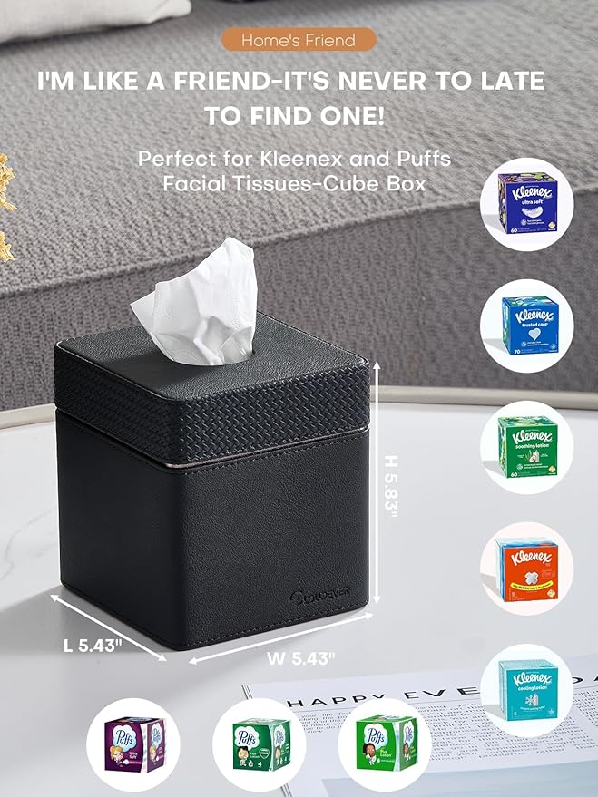 Cloudever Tissue Box Holder Cover, Modern PU Leather Square Decorative Tissue Holder Organizer-Woven New Black