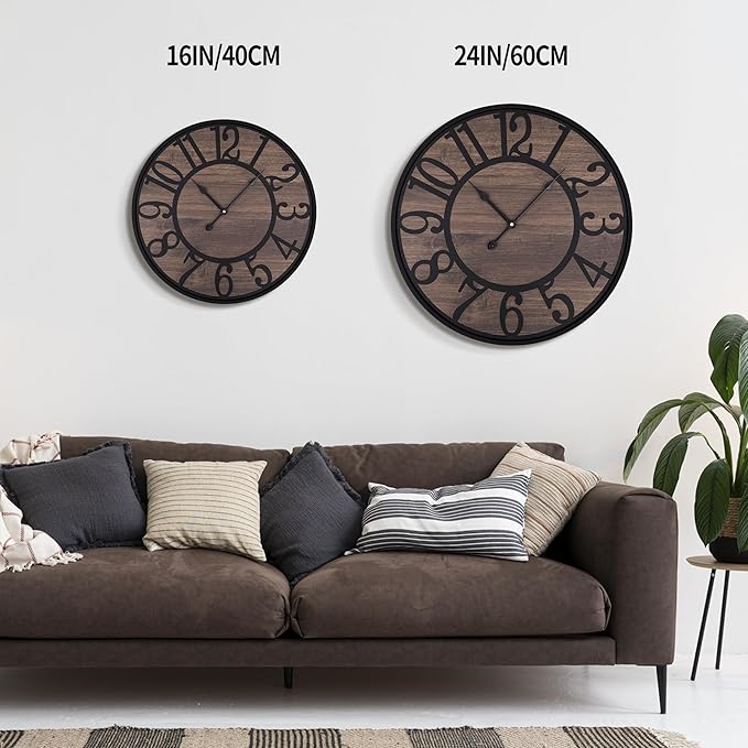 LEIKE Large Wall Clocks for Living Room,Non Ticking Silent,Battery Operated Big Round Modern Wood Wall Clock for Bedroom,Farmhouse,Office,Vintage Home Decor-24 Inch/60CM-Black-Arabic Number