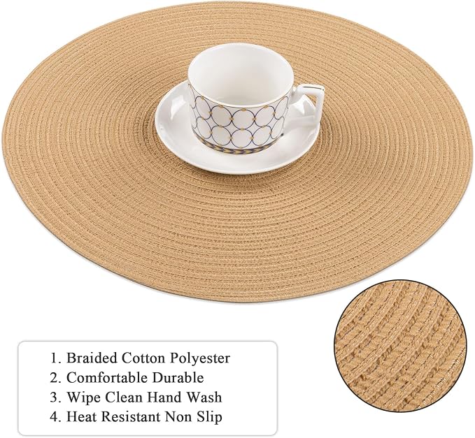 SHACOS 15 inch Round Braided Placemats Set of 4 Cotton Polyester Place Mats Washable Kitchen Dining Table Mats for Dinner Party Table Decor (Camel, 4)