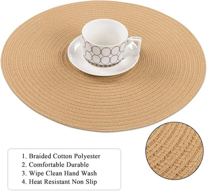 SHACOS 15 inch Round Braided Placemats Set of 4 Cotton Polyester Place Mats Washable Kitchen Dining Table Mats for Dinner Party Table Decor (Camel, 4)