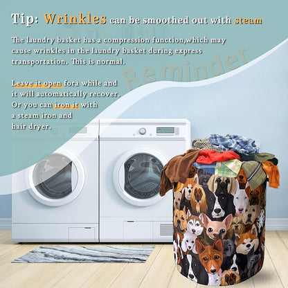 Cute Dogs Different Dog Laundry Basket Foldable With Handles Tote Bag Oxford Cloth Funny Animal Laundry Hamper Clothes Storage Bucket Toy Organizer 18.9"x16.5" For Bathroom/Laundry/Bedroom