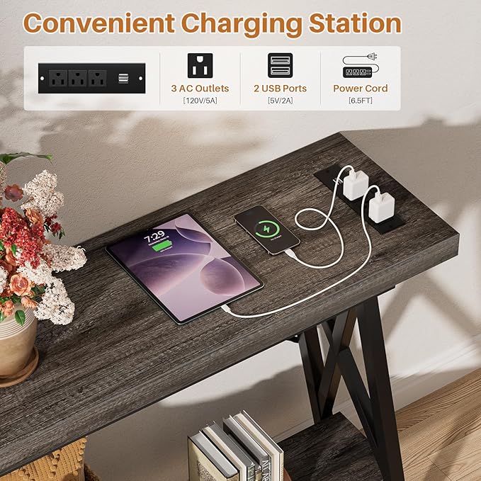 Homieasy 70.9 Inch Extra Long Console Table, Industrial Sofa Table Behind Couch with Charging Station & Storage Shelf, Entryway Table for Living Room & Entryway, Grey Oak