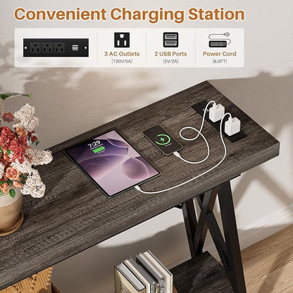 Homieasy 70.9 Inch Extra Long Console Table, Industrial Sofa Table Behind Couch with Charging Station & Storage Shelf, Entryway Table for Living Room & Entryway, Grey Oak