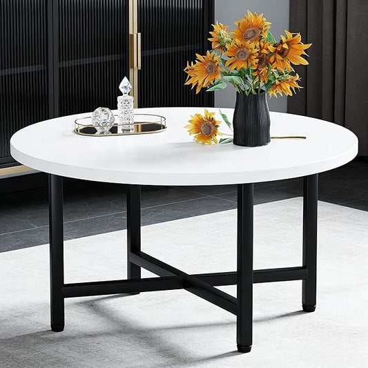 Coffee Table, 23.6" Small Coffee Tables, Gray Round Coffee Tables for Living Room, Floor Table for Sitting on The Floor, Center Coffee Table with Metal Frame for Office Apartment Home, White