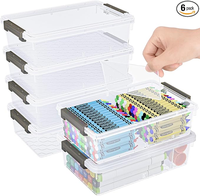 GEOPHIA 6 Pack Extra Large Pencil Box with Removable Divider, Thickened Pencil Case Bulk, Clear Crayon Marker Organizer Stackable Plastic Small Storage Containers for Pen Craft School Supplies(Grey)