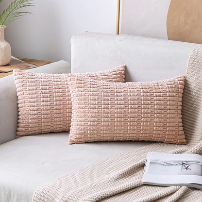 MIULEE Pack of 2 Corduroy Decorative Throw Pillow Covers 12x20 Inch Soft Boho Striped Pillow Covers Modern Farmhouse Home Decor for Spring Sofa Living Room Couch Bed Pink