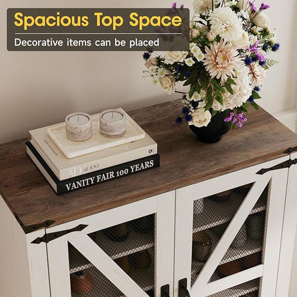 Maupvit 42.1" Farmhouse Shoe Cabinet with Ventilated Mesh Doors, 6-Tier Shoe Storage Cabinet with Adjustable Shelves & Metal Legs, Rustic Wooden Shoe Rack Organizer for Entryway, Hallway, Foyer, White