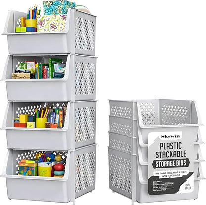 Stackable Storage Bins Open Front for Pantry Storage, 4 Pack - Light Grey | Sturdy Plastic, Easy Stacking, Open Front Access, Ventilated Sides, Vertical & Space Saving Pantry Organizers and Storage Bin